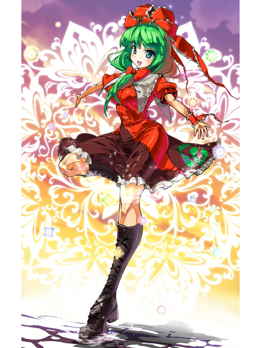 boots bow breasts cross-laced_footwear dress frills front_ponytail green_eyes green_hair hair_bow hair_ribbon highres kagiyama_hina lace-up_boots large_breasts ribbon shirt smile solo standing standing_on_one_leg taut_clothes taut_shirt touhou umigarasu_(kitsune1963)