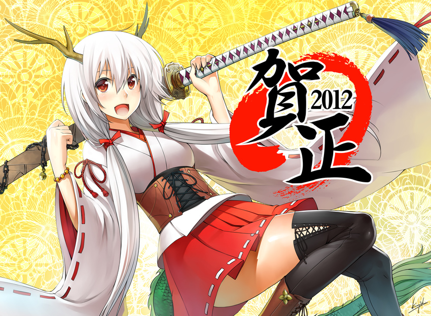 2012 :d antlers bad_id bad_pixiv_id bell black_legwear boots bracelet breasts chain corset cross-laced_footwear dragon_girl dragon_tail hakama_skirt highres japanese_clothes jewelry kurojishi lace-up_legwear long_hair medium_breasts miko monster_girl new_year ootachi open_mouth original over_shoulder pleated_skirt red_eyes skirt smile solo sword sword_over_shoulder tail tassel thighhighs twintails weapon weapon_over_shoulder white_hair wide_sleeves zettai_ryouiki