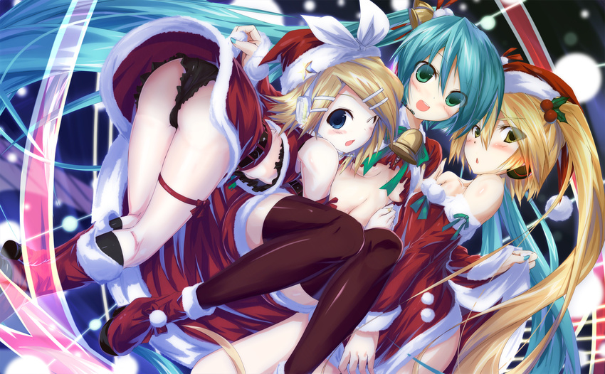 akita_neru aqua_eyes aqua_hair black_panties blonde_hair blush boots breasts christmas daidou_(demitasse) hair_ornament hair_ribbon hairclip hat hatsune_miku headphones highres kagamine_rin long_hair looking_at_viewer multiple_girls open_mouth panties ribbon santa_boots santa_costume santa_hat short_hair side_ponytail skirt skirt_lift small_breasts smile thighhighs twintails underboob underwear very_long_hair vocaloid wince yellow_eyes