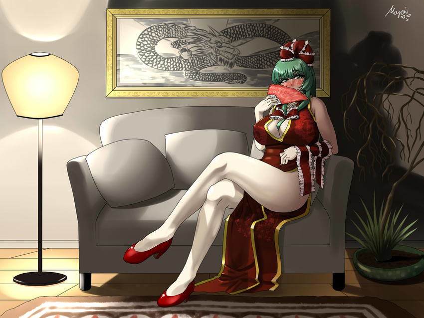 between_breasts blush bow breasts china_dress chinese_clothes cleavage cleavage_cutout couch crossed_legs curvy dragon dress fan folding_fan front_ponytail green_eyes green_hair hair_bow hair_ribbon high_heels highres kagiyama_hina lamp large_breasts moyai_(eestar_guntou) picture_(object) plant ribbon shadow shoes side_slit sitting solo thick_thighs thighs touhou wavy_mouth