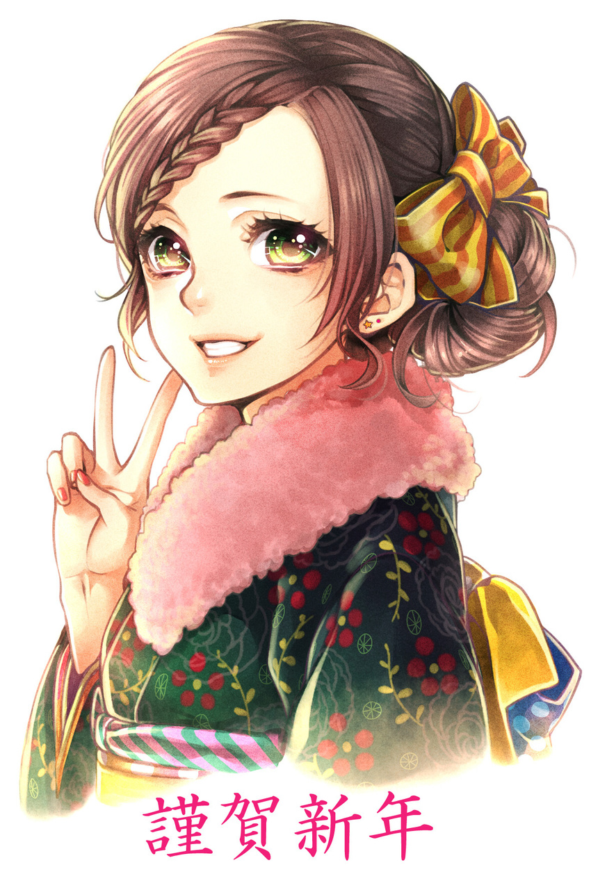 bad_id bad_pixiv_id bow braid brown_hair earrings green_eyes hair_bow hair_bun highres japanese_clothes jewelry kazari_tayu kimono looking_at_viewer nail_polish new_year obi original sash short_hair simple_background smile solo translated upper_body v white_background