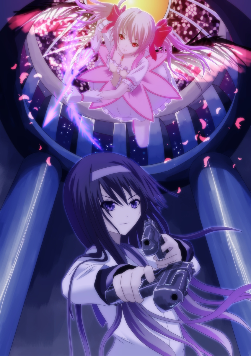 akemi_homura arrow bad_id bad_pixiv_id blazer bow_(weapon) desert_eagle dual_wielding gun hair_ribbon hairband handgun highres holding jacket kaname_madoka long_hair mahou_shoujo_madoka_magica multiple_girls pink_hair pistol purple_eyes ribbon smirk tomon_(slash0410) twintails weapon wings