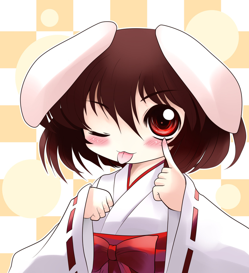 ;p akanbe animal_ears blush brown_hair bunny_ears checkered checkered_background highres inaba_tewi japanese_clothes miko one_eye_closed red_eyes short_hair solo tongue tongue_out touhou yume_shokunin