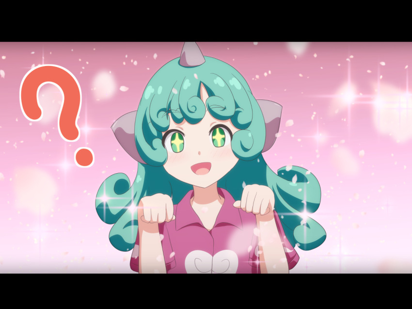 +_+ 1girl :d ? animal_ears cato_(monocatienus) collared_shirt commentary_request curly_hair eyebrows_visible_through_hair green_eyes green_hair horn kariyushi_shirt komano_aun letterboxed long_hair looking_at_viewer open_mouth paw_pose pink_shirt shirt short_sleeves smile solo sparkle touhou upper_body