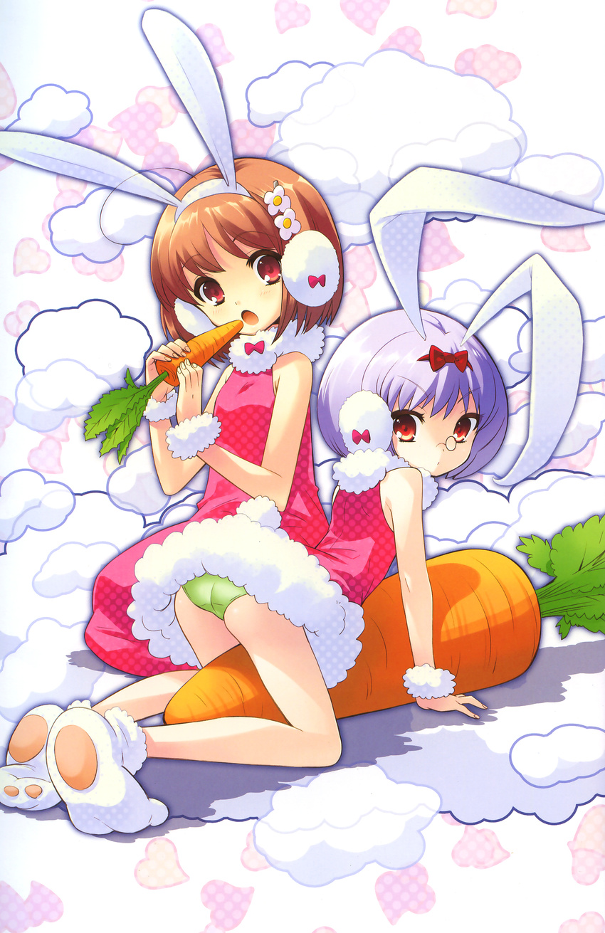 absurdres alice_parade animal_ears bunny_ears bunny_girl carrot cloud company_connection dress earmuffs eating fake_animal_ears flyable_heart green_panties highres inaba_yui itou_noiji multiple_girls panties silk_(alice_parade) source_request underwear
