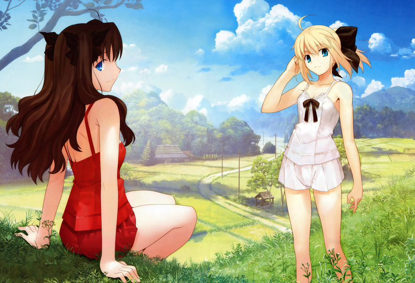 absurdres ahoge aqua_eyes artoria_pendragon_(all) ass back bare_legs bare_shoulders blonde_hair blue_eyes blue_sky bow breasts brown_hair camisole cleavage cloud day dirt_road fate/stay_night fate/unlimited_codes fate_(series) field grass hair_bow hair_ribbon hand_in_hair highres hill house long_hair long_legs looking_at_viewer looking_back multiple_girls outdoors ponytail power_lines profile revision ribbon rural saber saber_lily scenery shadow short_shorts shorts sideways_mouth sitting sky small_breasts standing takeuchi_takashi telephone_pole toosaka_rin tree two_side_up well