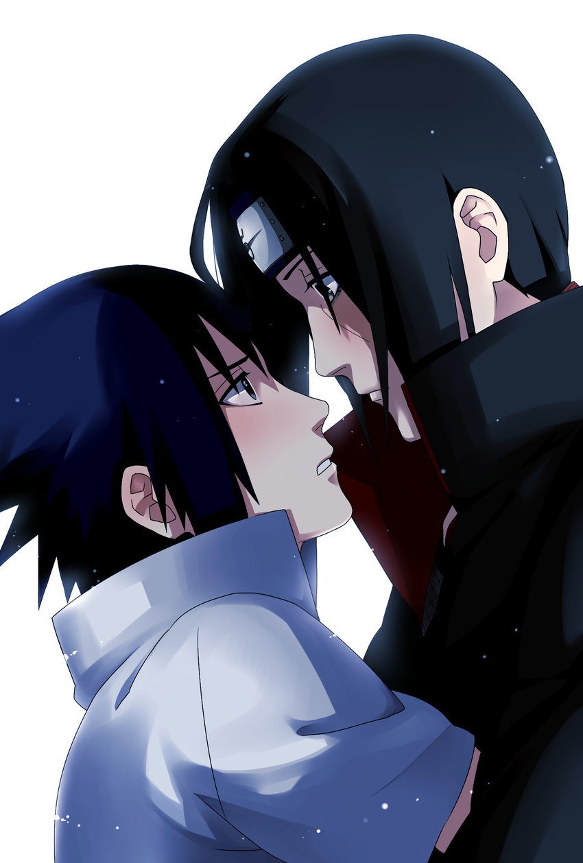 bad_id bad_pixiv_id black_hair blush brothers forehead_protector highres kazari_tayu long_hair male_focus multiple_boys naruto_(series) naruto_shippuuden ponytail siblings uchiha_itachi uchiha_sasuke