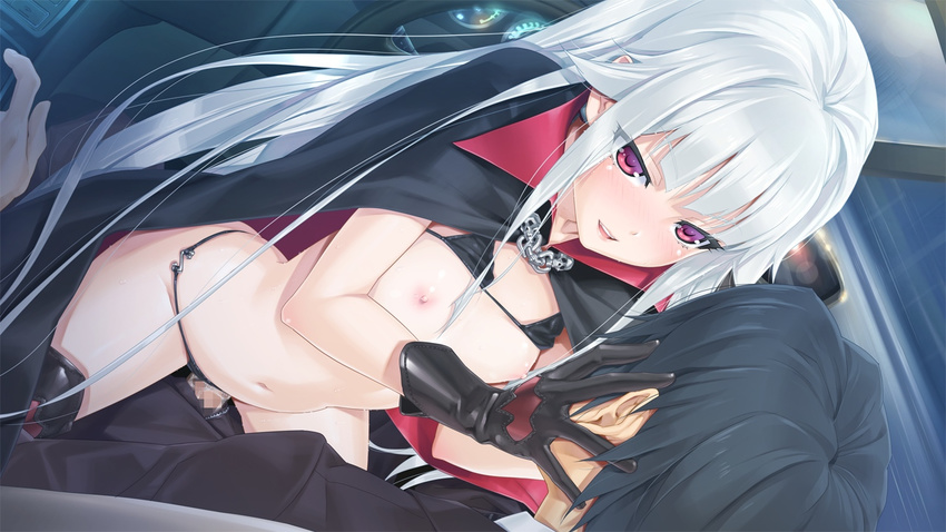 1boy 1girl bikini bikini_lift bishoujo_mangekyou black_bikini black_gloves black_legwear blush boots breasts cape car car_interior censored chain chains clothed_sex dutch_angle fangs flat_chest game_cg gloves happoubi_jin kagamino_kirie kagarino_kirie leather long_hair looking_at_another motor_vehicle navel nipples open_mouth penis purple_eyes pussy_juice red_eyes sex silver_hair sitting small_breasts smile swimsuit thigh_boots thighhighs vaginal vampire vehicle