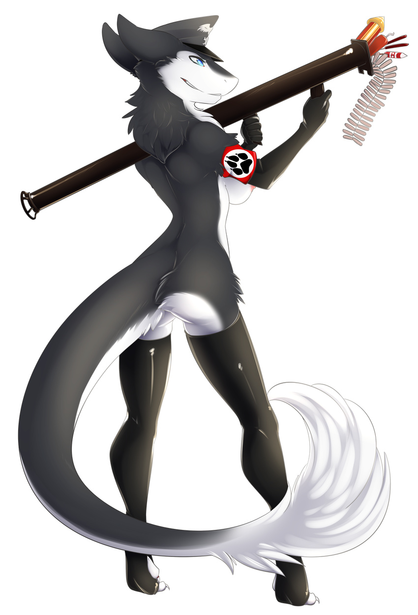 bazooka black black_body black_fur boots breasts butt female fur green_eyes hat legwear nipples not_nazi paws plain_background ranged_weapon rocket_launcher sergal solo spazzykoneko stockings tail thighs transparent_background valkyria weapon white white_fur