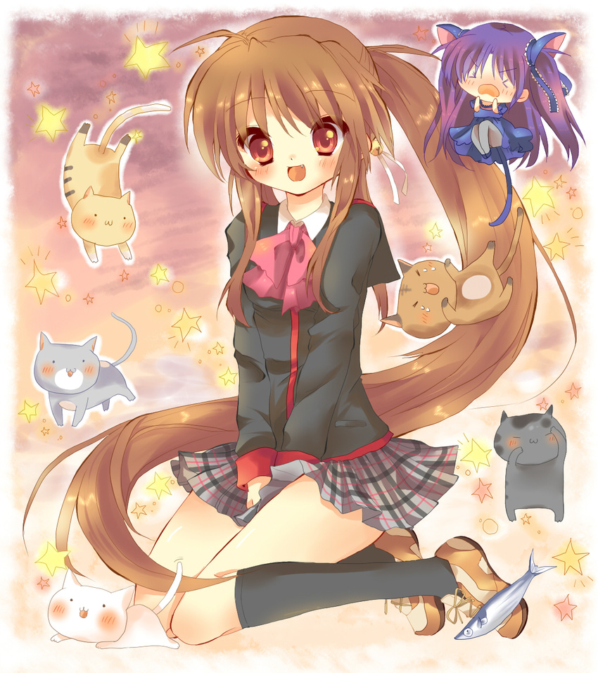 animal_ears bow brown_hair cat cat_ears chibi fang fish highres imo_mushi lennon little_busters! long_hair multiple_girls natsume_rin pink_bow red_eyes sasasegawa_sasami school_uniform