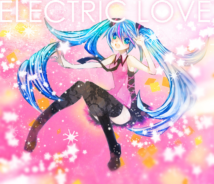 bad_id bad_pixiv_id blue_eyes blue_hair duca electric_love_(vocaloid) hatsune_miku legs long_hair necktie open_mouth sitting solo sparkle thighhighs twintails very_long_hair vocaloid