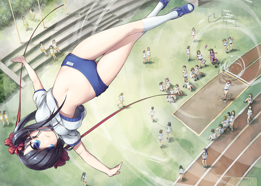 arched_back black_hair blue_eyes breasts buruma crossed_legs from_above gym_uniform hair_ribbon high_jump highres jumping legs lena_(zoal) lowleg medium_breasts midair midriff navel original outstretched_arms red_ribbon ribbon school_uniform socks solo spread_arms standing thigh_gap track track_and_field twintails