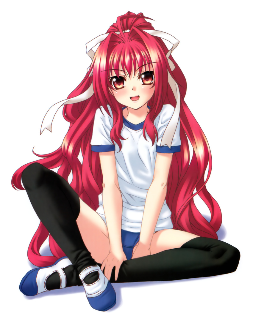 absurdres buruma corticarte_apa_lagranges full_body gym_uniform highres kannatsuki_noboru legs long_hair red_eyes red_hair shinkyoku_soukai_polyphonica shoes simple_background sitting solo thighhighs uwabaki very_long_hair