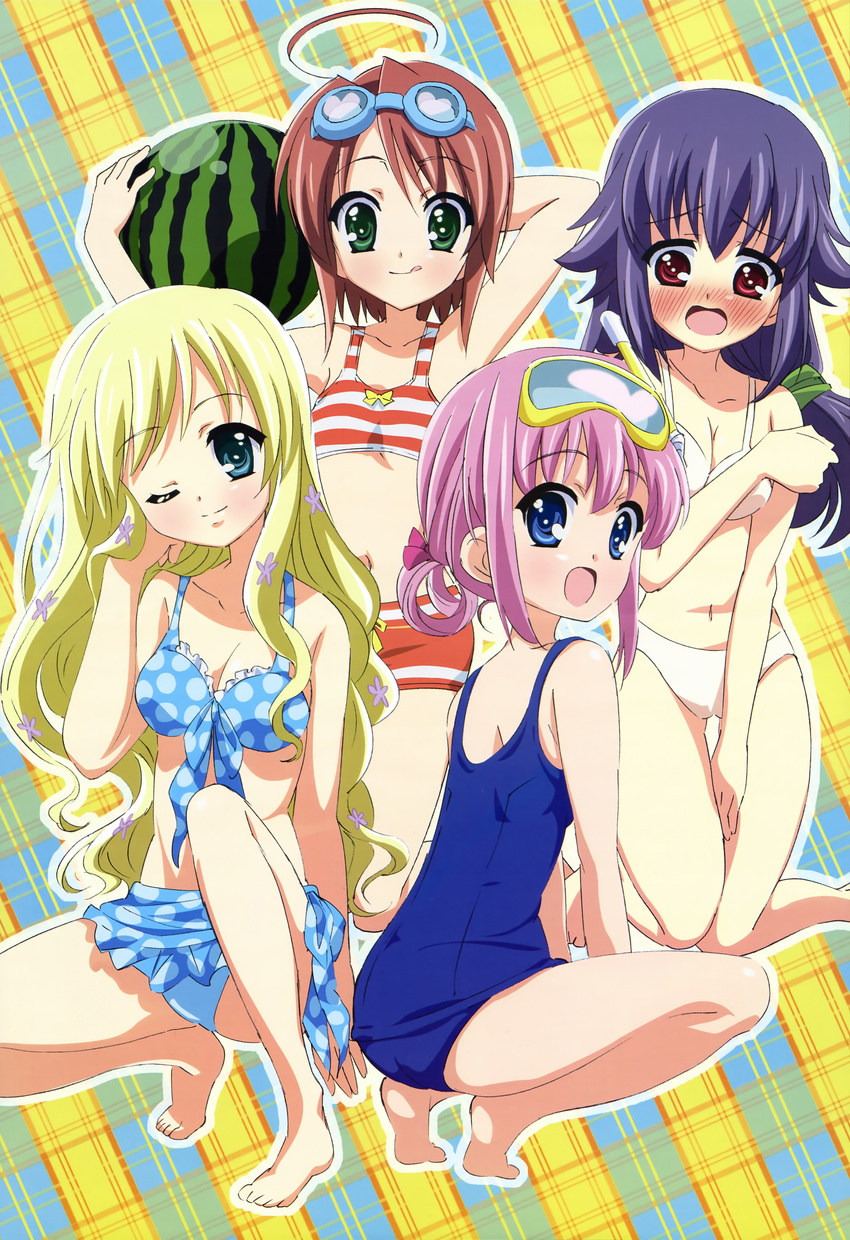 absurdres ahoge bikini blonde_hair blue_eyes blue_sarong blush breasts brown_hair cleavage cordelia_glauca diving_mask flower food front-tie_top fruit goggles goggles_on_head green_eyes hair_flower hair_ornament hercule_barton highres long_hair looking_back medium_breasts multiple_girls non-web_source numata_seiya nyantype official_art one-piece_swimsuit one_eye_closed open_mouth pink_hair polka_dot polka_dot_bikini polka_dot_swimsuit print_sarong purple_hair red_eyes sarong scan school_swimsuit sherlock_shellingford short_hair small_breasts snorkel squatting striped striped_swimsuit swimsuit tantei_opera_milky_holmes very_long_hair watermelon yuzurizaki_nero