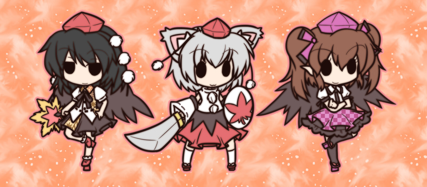 :3 animal_ears bad_id bad_pixiv_id chibi crossed_arms fan fushigi_ebi geta hat highres himekaidou_hatate inubashiri_momiji multiple_girls shameimaru_aya standing standing_on_one_leg tengu-geta tokin_hat touhou wings wolf_ears