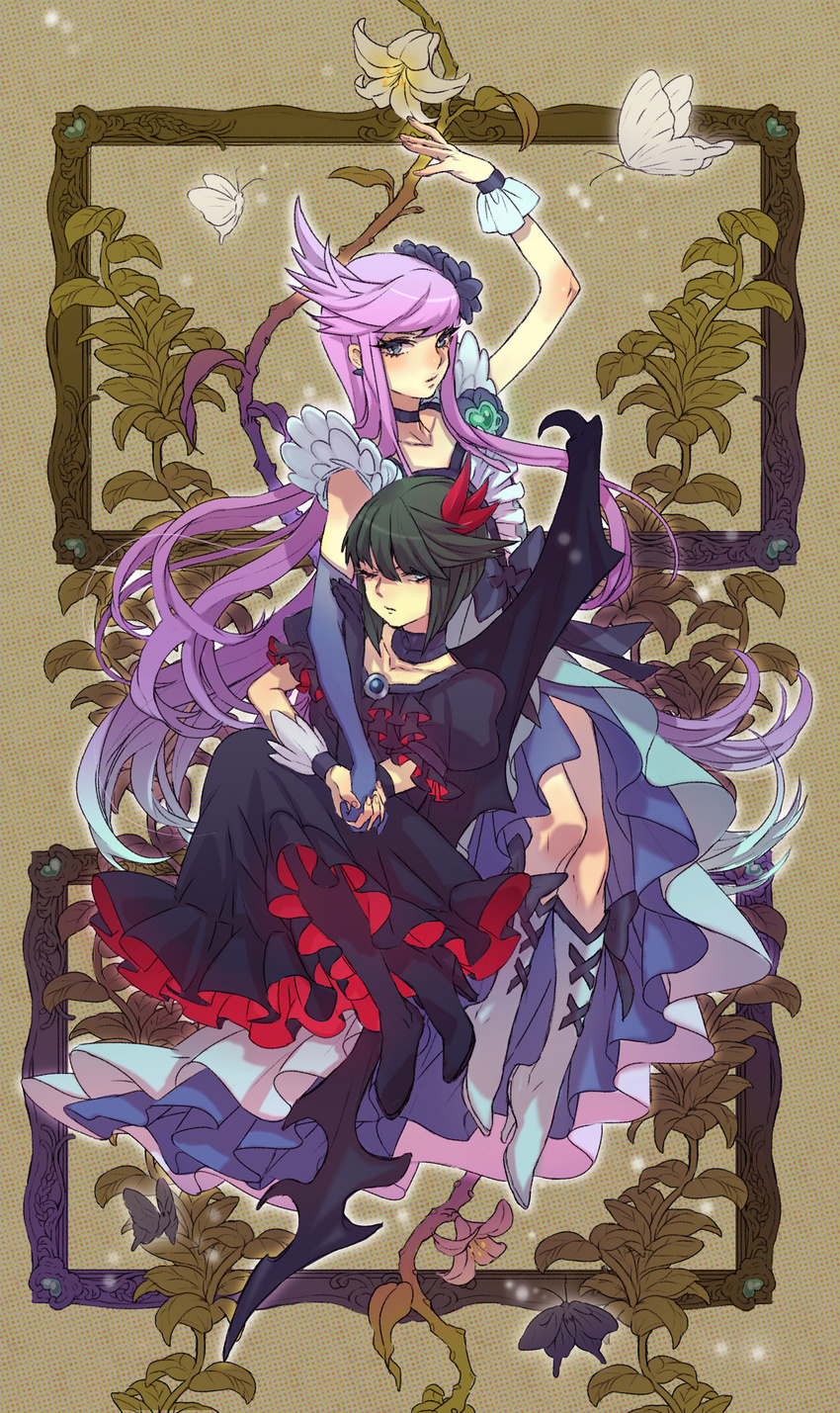absurdres black_choker bob_cut boots bug butterfly choker cure_moonlight dark_precure elbow_gloves flower frame gloves hair_flower hair_ornament heartcatch_precure! highres insect kima knee_boots lily_(flower) magical_girl moth multiple_girls precure purple_hair single_elbow_glove single_glove tsukikage_yuri