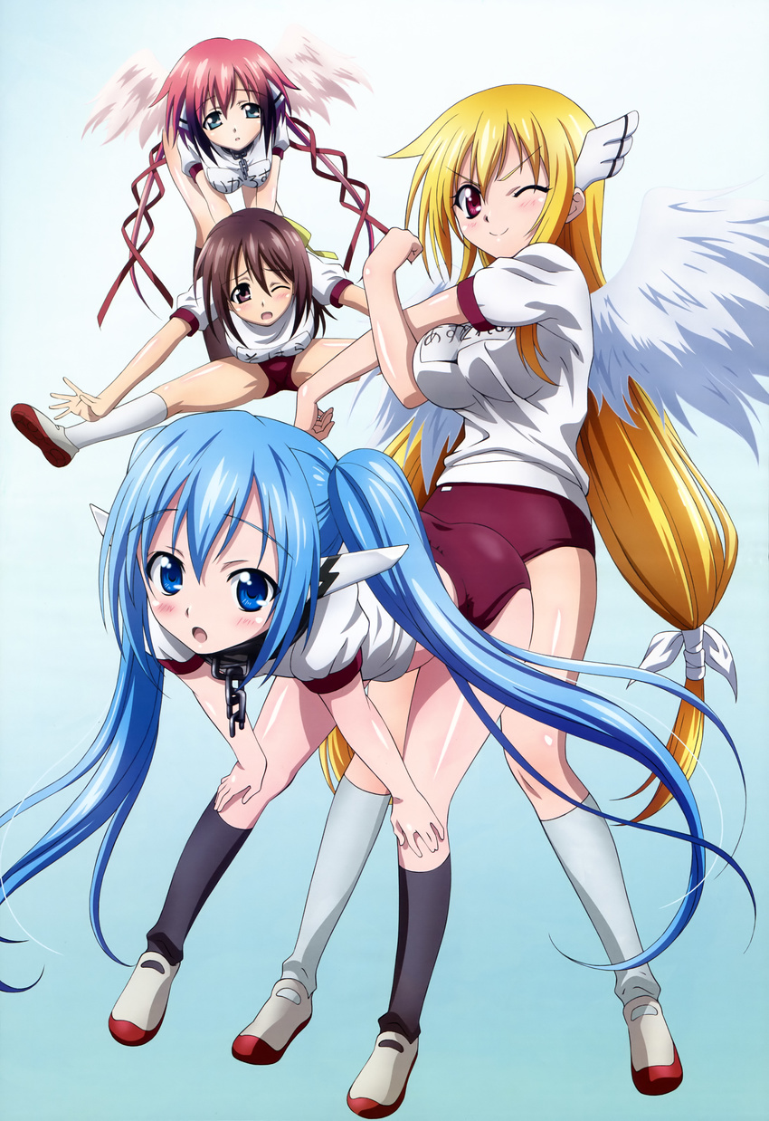 absurdres astraea blonde_hair blue_eyes blue_hair brown_hair buruma gym_uniform hair_ribbon highres ikaros legs long_hair mitsuki_sohara multiple_girls noda_yasuyuki non-web_source nyantype nymph_(sora_no_otoshimono) one_eye_closed open_mouth red_eyes red_hair ribbon short_hair socks sora_no_otoshimono twintails very_long_hair wings