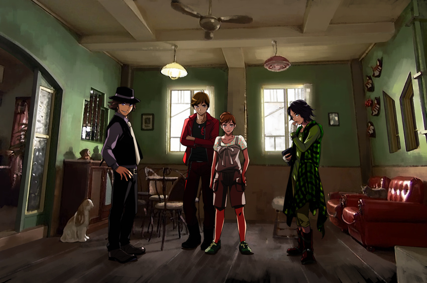 3boys ashi_ura backlighting black_footwear black_hair black_pants black_vest boots brown_hair ceiling ceiling_fan ceiling_light chair clipboard couch crossed_arms curtains dog door frame green_shirt hand_on_hip hat hidari_shoutarou holding indoors jacket kamen_rider kamen_rider_w legs_apart long_sleeves looking_at_viewer multiple_boys narumi_akiko necktie open_clothes open_jacket pants philip_(kamen_rider) photo_(object) pipe plant polka_dot potted_plant red_jacket red_pants room shadow shirt shoes short_sleeves shorts smile sneakers standing statue stool table terui_ryuu vest window wooden_floor