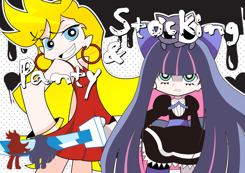 anmitsumame bad_id bad_pixiv_id blonde_hair blue_eyes dress earrings honekoneko_(psg) jewelry long_hair multicolored_hair multiple_girls official_style panty_&amp;_stocking_with_garterbelt panty_(psg) purple_hair red_dress short_dress single_thighhigh stocking_(psg) striped striped_legwear stuffed_animal stuffed_toy sword thighhighs two-tone_hair weapon