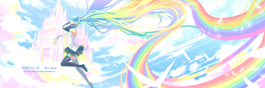 bare_shoulders bird castle closed_eyes cloud detached_sleeves hatsune_miku headphones highres long_hair multicolored_hair musical_note myhilary necktie open_mouth rainbow rainbow_hair skirt solo tattoo thighhighs very_long_hair vocaloid watermark