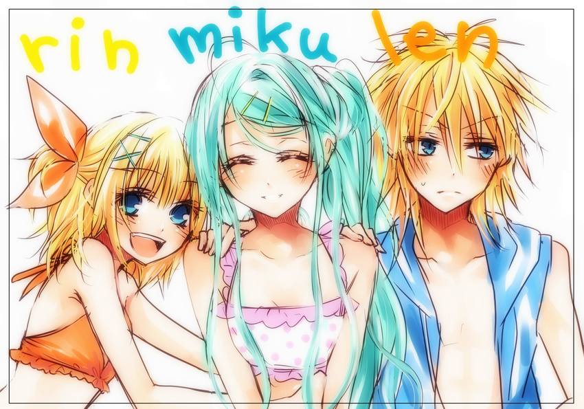 bikini hatsune_miku kagamine_len kagamine_rin sakuragi_mikan swimsuit twintails vocaloid white