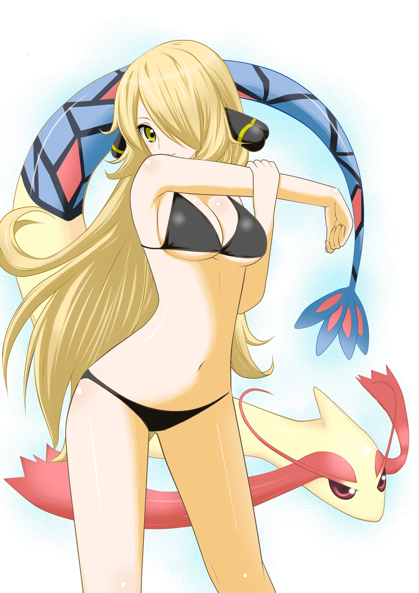 absurdres bad_id bad_pixiv_id bikini blonde_hair breasts cleavage gen_3_pokemon hair_over_one_eye highres long_hair looking_at_viewer medium_breasts milotic nanakusa_amane navel pokemon pokemon_(creature) pokemon_(game) pokemon_dppt shiny shiny_skin shirona_(pokemon) stretch swimsuit yellow_eyes