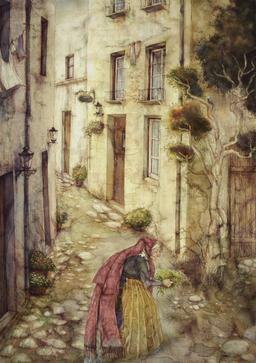 bad_id bad_pixiv_id bird bookstore closed_eyes door english faux_traditional_media flower highres lamp old_woman original scarf shawl shop solo tree village window yogisya