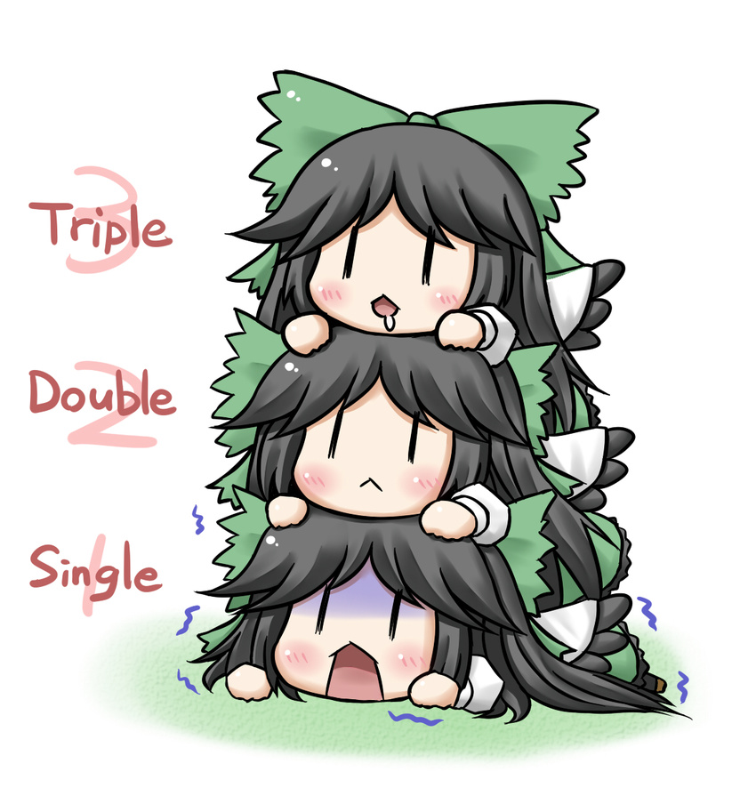 :&lt; aonagi_ibane black_hair blush bow cape chibi drooling english green_bow hair_bow human_tower long_hair multiple_girls multiple_persona number open_mouth red_eyes reiuji_utsuho saliva stacking touhou trembling turn_pale wings |_|