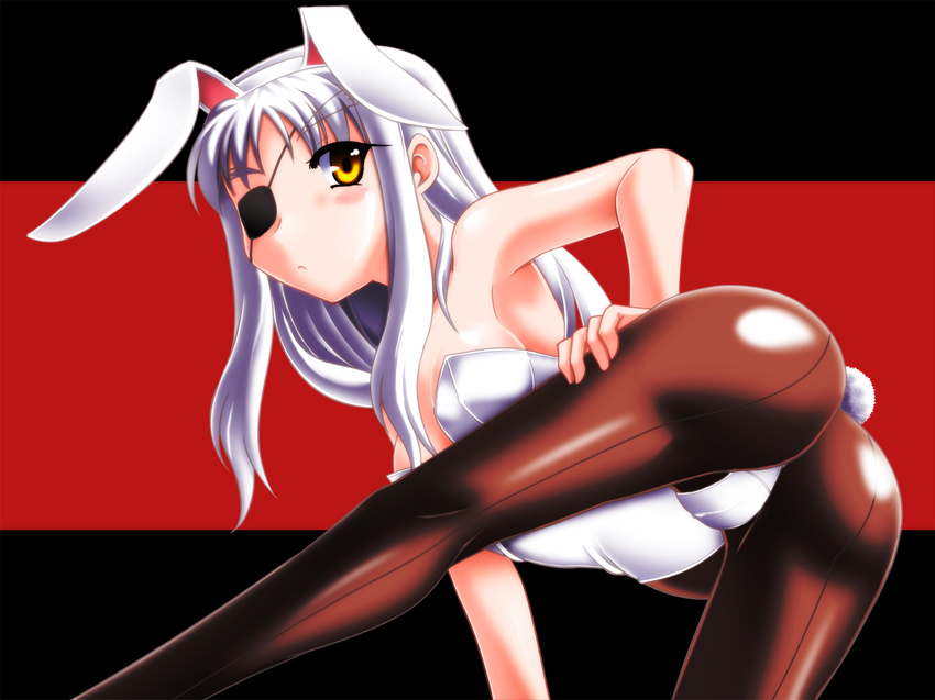 animal_ears ass bunny_ears bunny_girl bunnysuit cinque_(nanoha) eyepatch hakkai highres long_hair lyrical_nanoha mahou_shoujo_lyrical_nanoha_strikers numbers_(nanoha) pantyhose silver_hair solo yellow_eyes