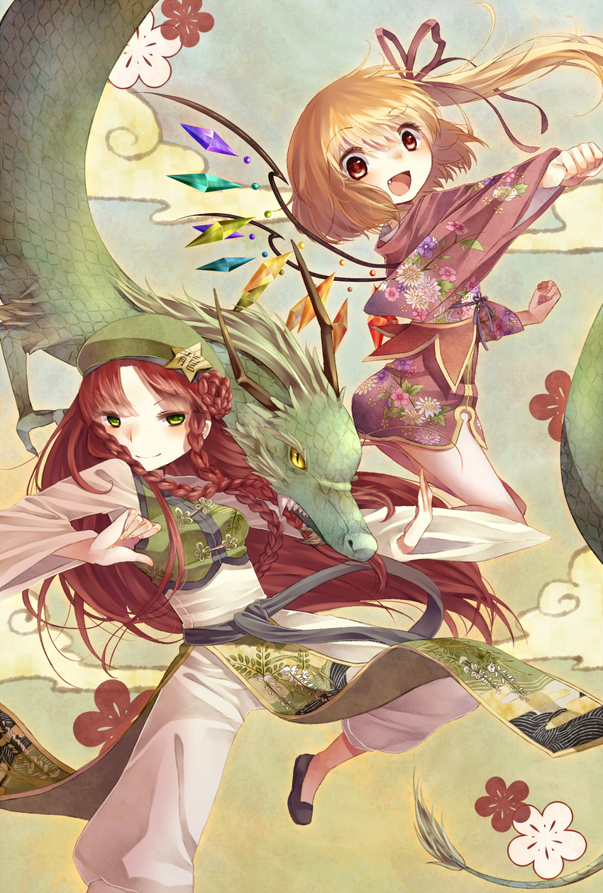 bad_id bad_pixiv_id blonde_hair chinese_clothes dragon fang fighting_stance flandre_scarlet highres hong_meiling japanese_clothes kimono multiple_girls no_hat no_headwear red_hair tepes touhou wide_sleeves wings