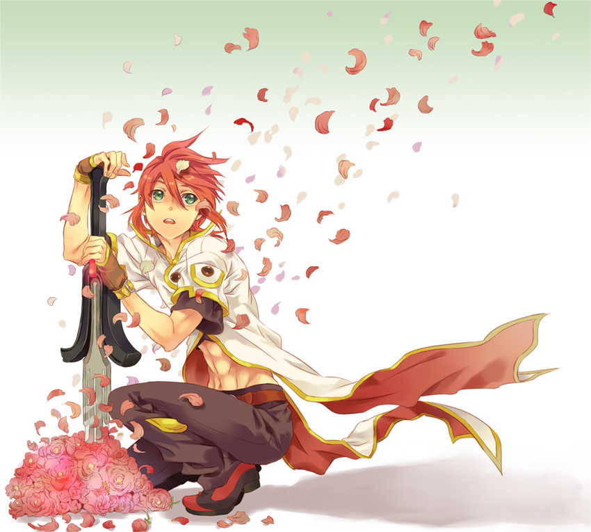 coat fingerless_gloves flower gloves green_eyes luke_fon_fabre male_focus miho_(mi) petals red_hair solo sword tales_of_(series) tales_of_the_abyss weapon