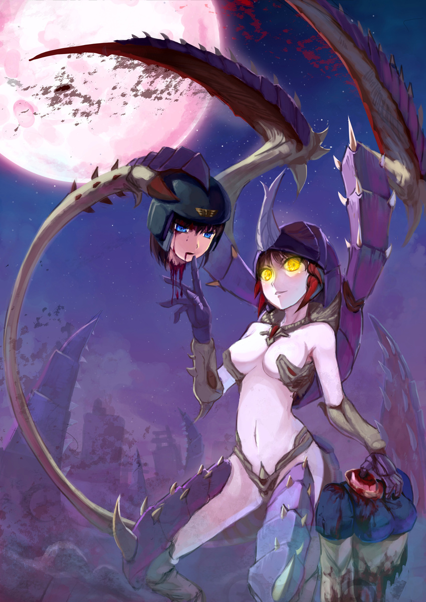 blood blue_eyes breasts claws death decapitation empty_eyes guro helmet highres imperial_guard medium_breasts moon multiple_girls night night_sky pale_skin personification red_hair red_moon severed_head sky torso tyranid warhammer_40k x-boy yellow_eyes
