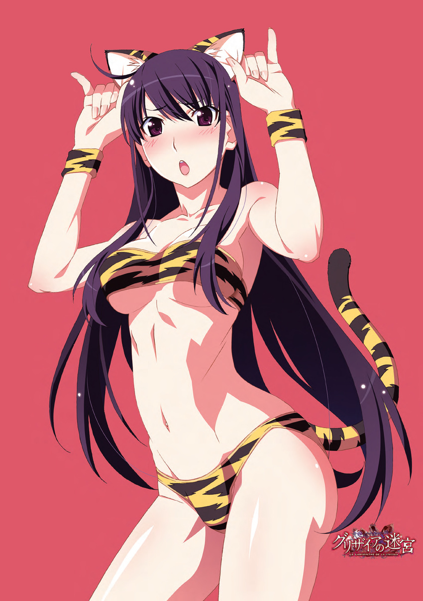 :o animal_ears animal_print bikini blush breasts fake_animal_ears grisaia_(series) grisaia_no_kajitsu grisaia_no_meikyuu highres medium_breasts navel pink_background purple_eyes purple_hair sakaki_yumiko solo swimsuit tail tiger_ears tiger_print tiger_tail underboob watanabe_akio