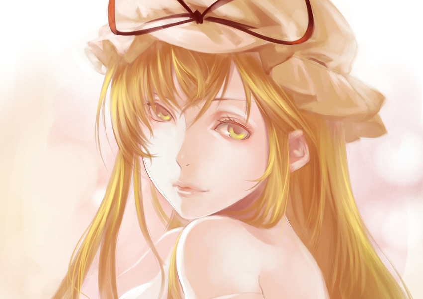 absurdres bare_shoulders blonde_hair close-up face hat highres light_smile lips mob_cap samanta solo touhou yakumo_yukari yellow_eyes