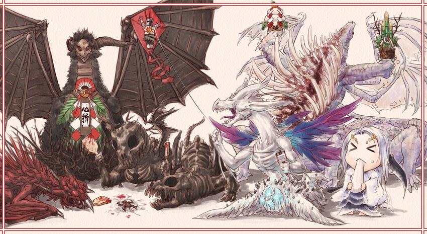 &gt;_&lt; 1girl armor bamboo blood chosen_undead closed_eyes crystal dark_souls dragon eating everlasting_dragon food full_armor fur gaping_dragon hagoita hellkite_dragon highres horns kadomatsu kagami_mochi kite knight long_hair mochi new_year paddle praise_the_sun priscilla_the_crossbreed scythe seath_the_scaleless solaire_of_astora souls_(from_software) sun_(symbol) tail tail_wagging tatsuya_(atelier_road) undead_dragon visor_(armor) wagashi weapon western_dragon white_hair wings