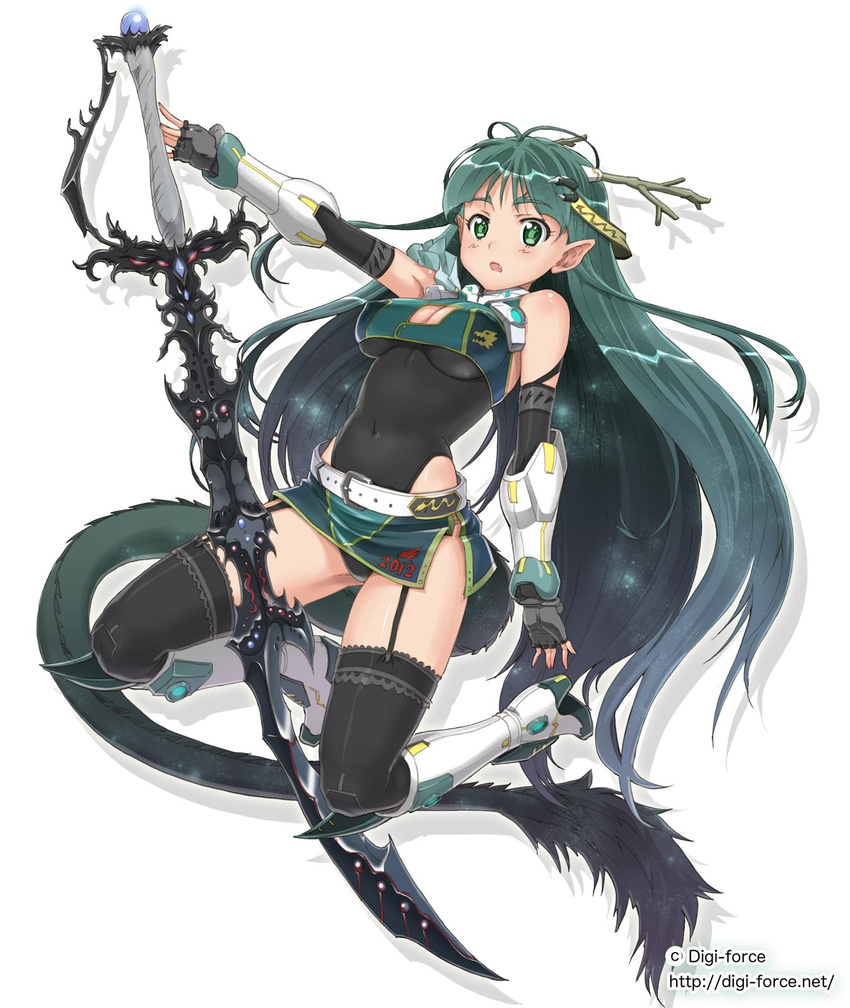 2012 bare_shoulders belt breasts cleavage_cutout copyright_request covered_nipples dragon_girl fingerless_gloves gloves green_eyes green_hair highleg highres kimura_shigetaka medium_breasts monster_girl new_year simple_background solo sword thighhighs weapon