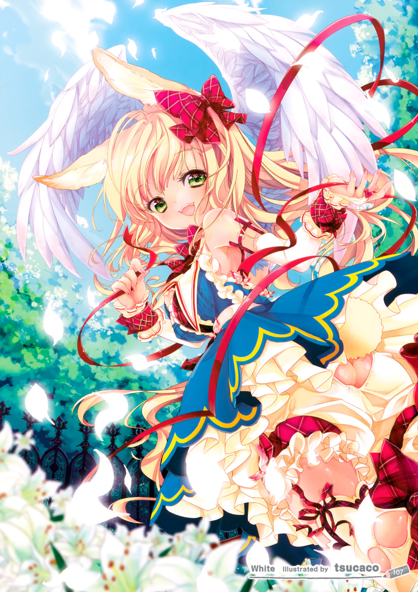 absurdres animal_ears ass blonde_hair bunny_ears bunny_tail butt_crack copyright_request dress field flower flower_field highres ribbon solo tail thighhighs tsucaco white_wings wings yellow_eyes yellow_legwear