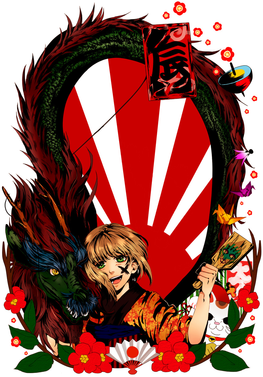 2012 aoiami bad_id bad_pixiv_id dragon eastern_dragon flag_background green_eyes hagoita highres huang_baoling japanese_clothes japanese_flag kimono lunatic_(tiger_&amp;_bunny) maneki-neko new_year origami paddle paper_crane rising_sun short_hair solo sunburst tiger_&amp;_bunny white_background