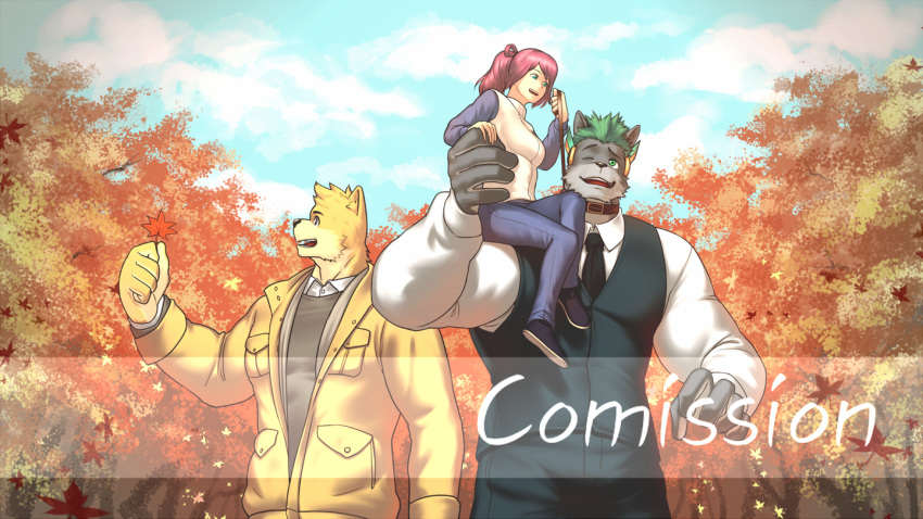 anthro autumn canid canine clothed clothing detailed_background female group human leaf leash male mammal muscular muscular_male open_mouth outside pecs size_difference smaller_female smile tobito tree