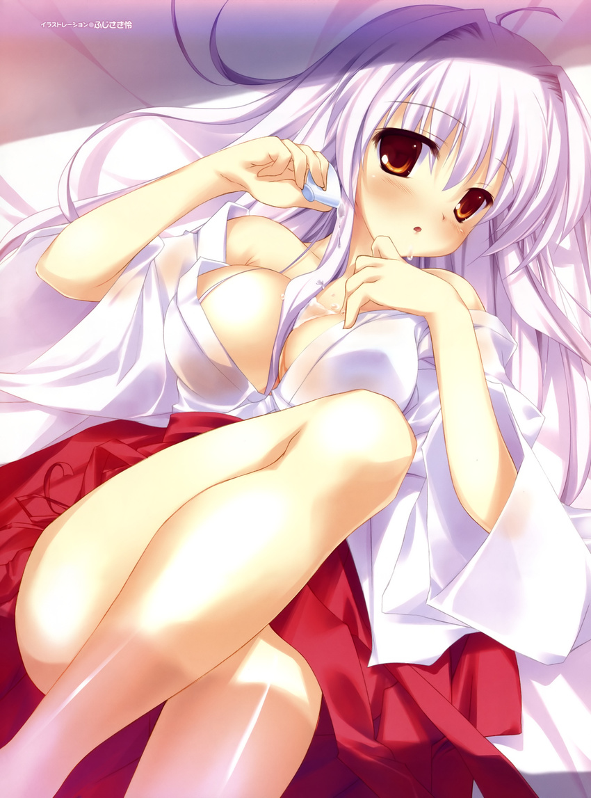 :o absurdres ahoge bangs bare_legs bare_shoulders bed between_breasts blush breasts bust_cup cleavage convenient_leg cup dutch_angle embarrassed from_above fujisaki_rei hair_between_eyes hair_intakes hair_over_breasts hakama highres indoors japanese_clothes large_breasts legs long_hair looking_at_viewer lying miko no_bra off_shoulder on_back open_clothes open_mouth open_shirt orange_eyes original red_hakama sakazuki see-through shadow shirt sidelocks solo spill wet white_hair wide_sleeves