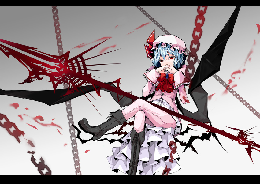 alternate_costume bat bat_wings blue_hair boots bow brooch chain cross-laced_footwear crossed_legs formal gendou_pose hands_clasped hat hat_ribbon highres jewelry lace-up_boots letterboxed own_hands_together pant_suit pants red_eyes remilia_scarlet ribbon shirt short_hair sindre sitting solo spear_the_gungnir suit touhou tuxedo wings