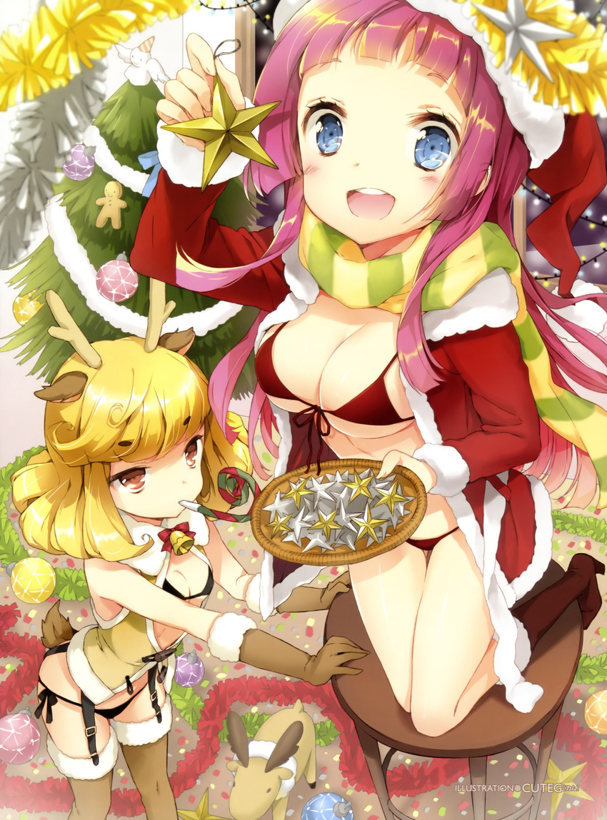 :d absurdres animal_costume animal_ears antlers bell bikini black_bikini blonde_hair blue_eyes blush boots breasts brown_eyes brown_legwear candy candy_cane christmas christmas_tree cleavage cuteg deer_tail food front-tie_top fur_trim garter_straps gingerbread_man gloves hat highres holding_star jacket kneeling medium_breasts mouth_hold multiple_girls open_mouth original ornament pink_hair red_bikini reindeer_antlers reindeer_costume reindeer_ears santa_costume santa_hat scarf side-tie_bikini smile star stool striped striped_scarf swimsuit tail thighhighs