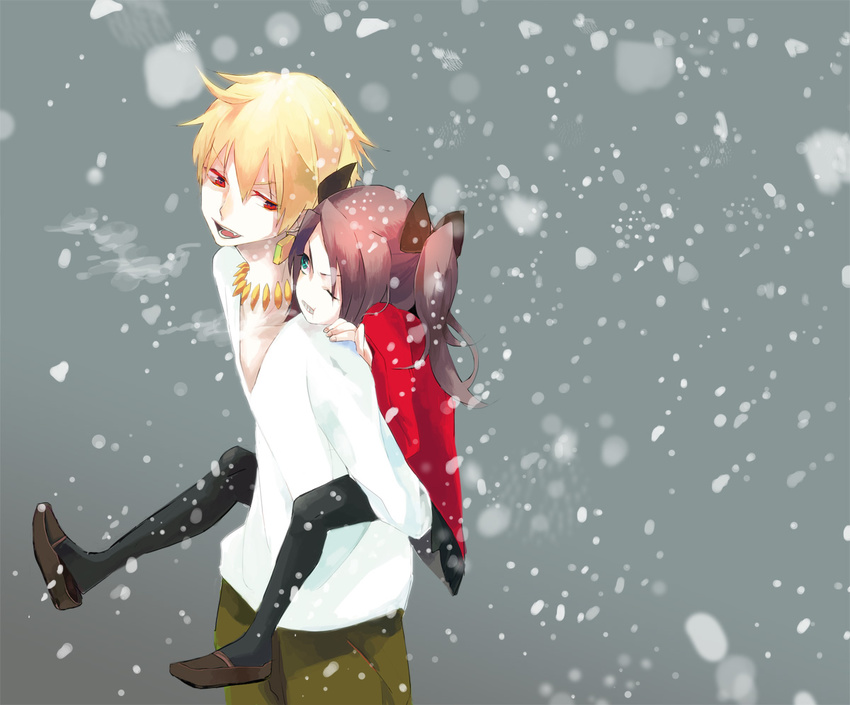 1girl bad_id bad_pixiv_id black_legwear blonde_hair blue_eyes bracelet breath brown_hair carrying casual child earrings fate/zero fate_(series) gilgamesh hair_ribbon hinatsu jewelry necklace pantyhose piggyback red_eyes ribbon shoe_dangle short_hair skirt snowing toosaka_rin twintails v-neck wince younger