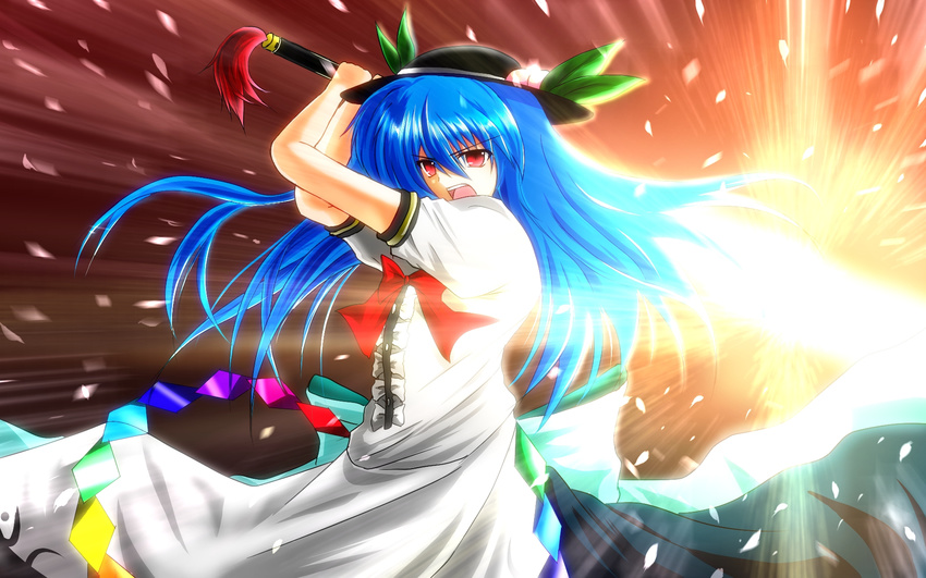 bad_id bad_pixiv_id blue_hair bow dress food fruit hat highres hinanawi_tenshi long_hair nekominase open_mouth peach red_eyes solo sword sword_of_hisou touhou weapon