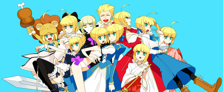 6+girls ahoge alternate_costume animal_costume aqua_background artoria_pendragon_(all) bikini blonde_hair blue_eyes boned_meat carnival_phantasm casual chopsticks dress excalibur fang fate/extra fate/hollow_ataraxia fate/stay_night fate/tiger_colosseum fate/unlimited_codes fate_(series) food gilgamesh gum_(gmng) highres japanese_clothes kimono lion_costume maid meat miko mister_donut multiple_girls multiple_persona nero_claudius_(fate) nero_claudius_(fate)_(all) odd_one_out pale_skin pantyhose pon_de_lion saber saber_alter saber_lily saber_lion side-tie_bikini swimsuit sword thighhighs weapon yellow_eyes