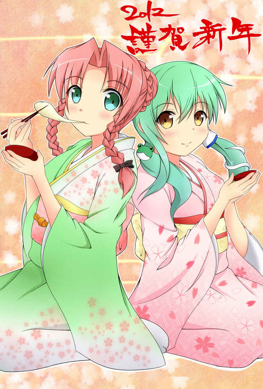 2girls bad_id bad_pixiv_id blush bowl braid chopsticks eating food frog green_eyes green_hair hair_ornament highres hong_meiling japanese_clothes kimono kochiya_hizuki kochiya_sanae long_hair mochi multiple_girls new_year no_hat no_headwear ribbon smile snake touhou twin_braids wagashi yellow_eyes