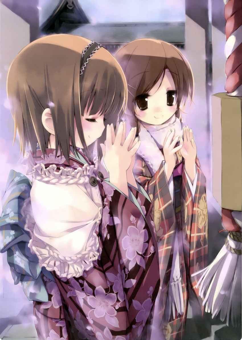 absurdres copyright_request gotou_nao highres japanese_clothes kimono multiple_girls praying shrine shrine_bell