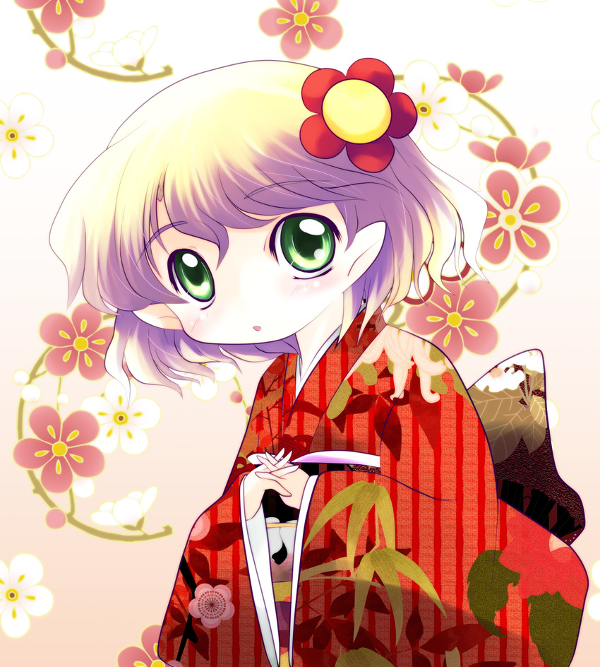 blonde_hair flower green_eyes hair_ornament highres japanese_clothes kimono mizuhashi_parsee obi pointy_ears sash short_hair solo touhou yume_shokunin