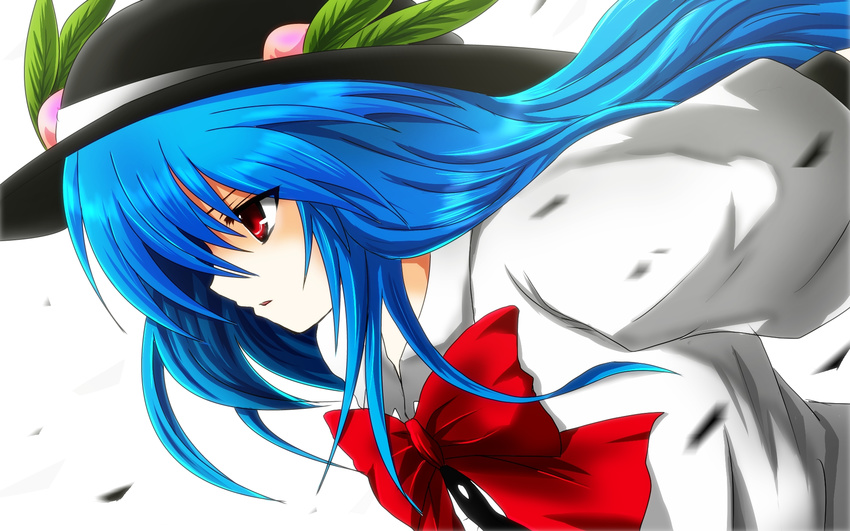 bad_id bad_pixiv_id blue_hair bow dress food fruit hat highres hinanawi_tenshi long_hair nekominase open_mouth peach red_eyes solo touhou