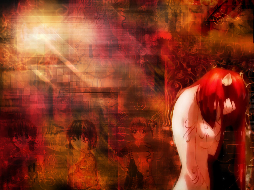 abstract blood breasts crying elfen_lied horns long_hair lucy mayu nana_(elfen_lied) nude red_hair yuka